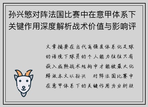 孙兴慜对阵法国比赛中在意甲体系下关键作用深度解析战术价值与影响评估 孙兴慜对阵法国比赛中在意甲体系下关键作用深度解析战术价值与影响评估