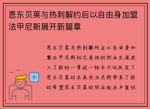 恩东贝莱与热刺解约后以自由身加盟法甲尼斯展开新篇章