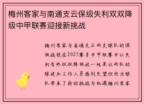 梅州客家与南通支云保级失利双双降级中甲联赛迎接新挑战 梅州客家与南通支云保级失利双双降级中甲联赛迎接新挑战
